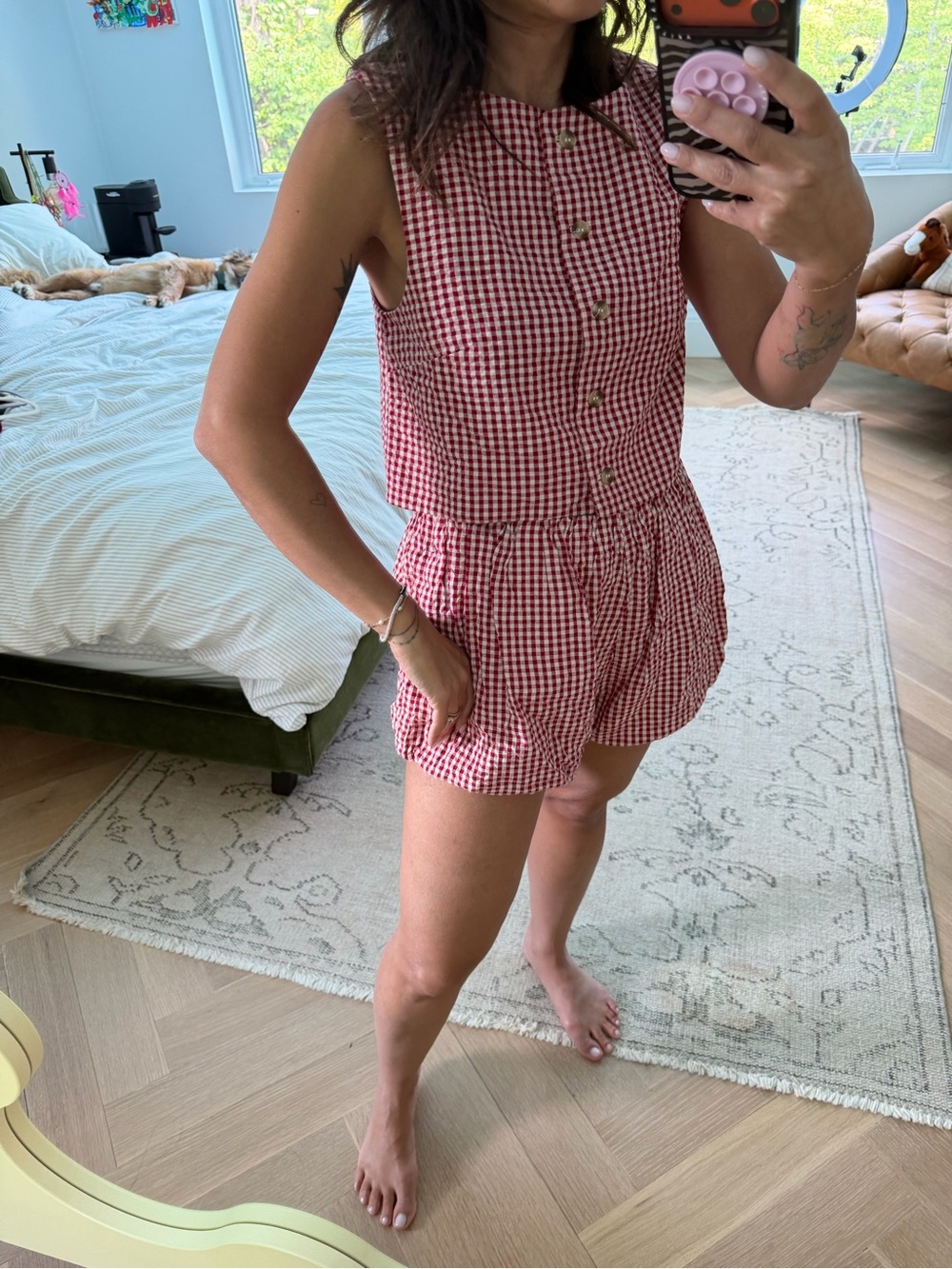 Posse
Aurelia gingham Red Gingham Two-Piece Button Front Top and Shorts Set